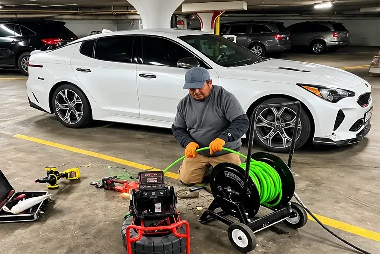 Technician preparing a drain cleaning machine and camera reel in a parking garage