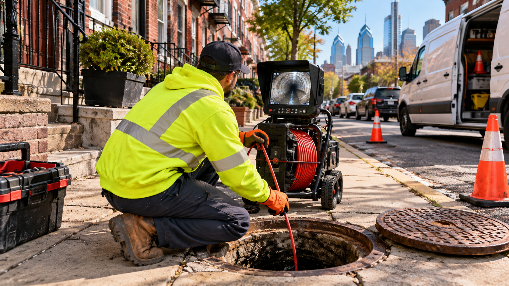 Technician in a high visibility hoodie lowering a camera line into an open sewer access on a Philadelphia sidewalk, with a monitor cart, safety cones, a work van, and rowhouses behind