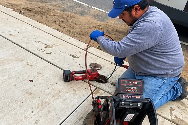 Technician feeding an inspection cable into a sidewalk drain access point