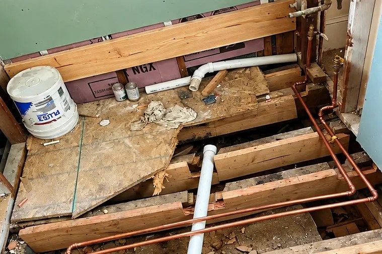 Exposed indoor plumbing with new copper and PVC lines run beneath the floor framing