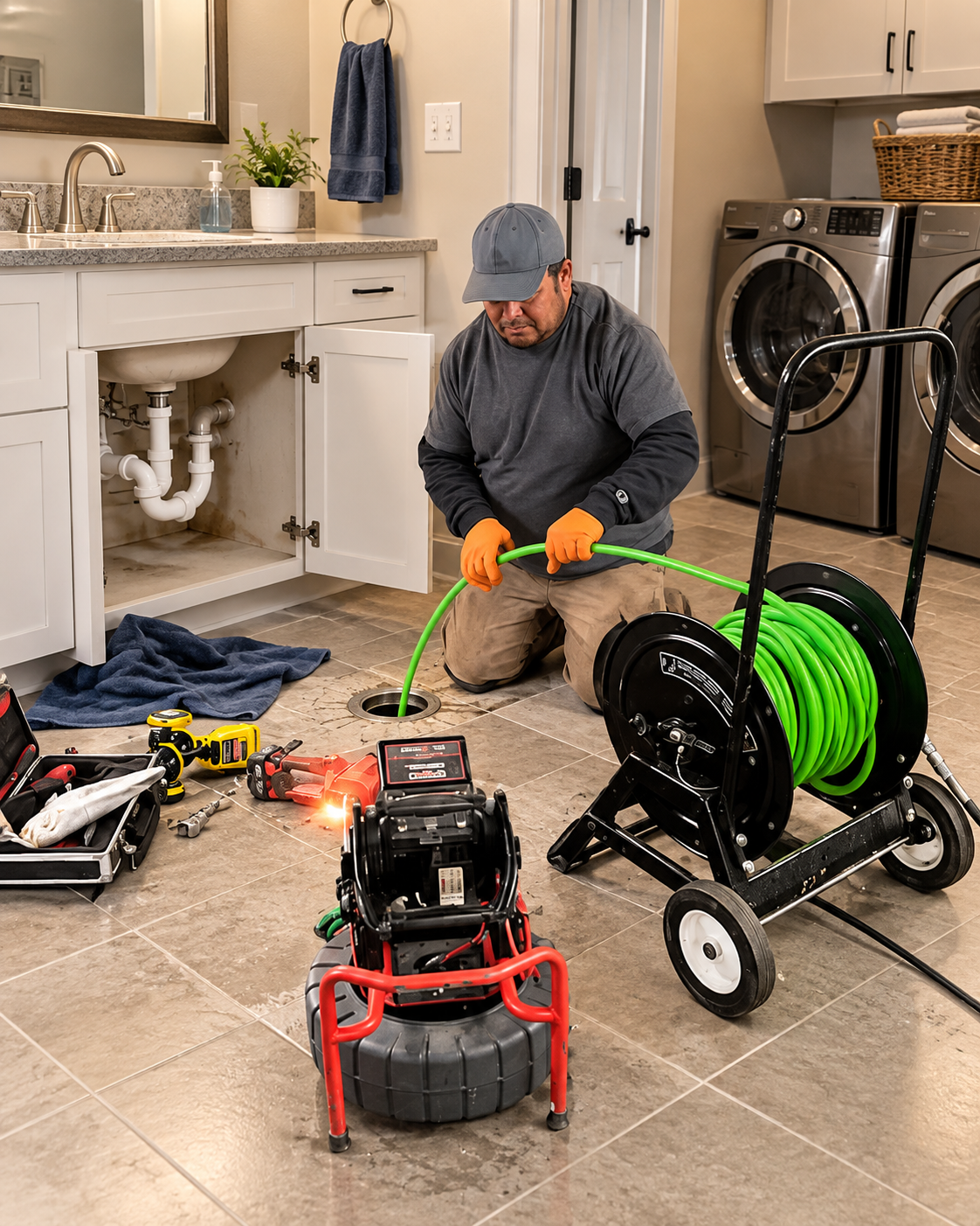 Technician kneeling on a tiled utility room floor feeding a green cleaning hose into an open floor drain, with a hose reel cart, a camera reel unit, and an open toolbox beside him