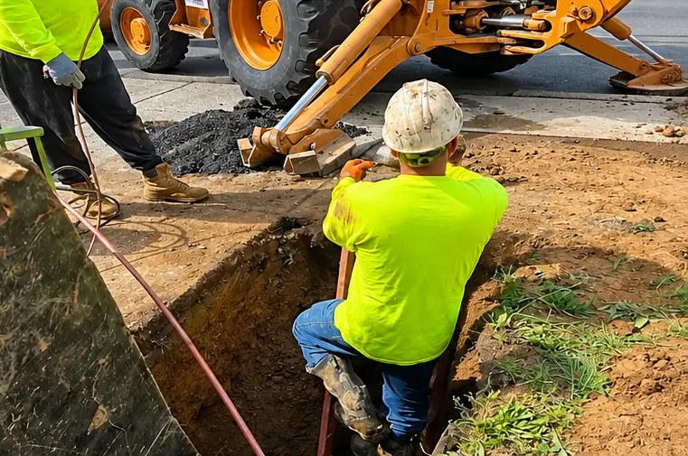Crew member working in an excavated trench beside a backhoe on a sewer job