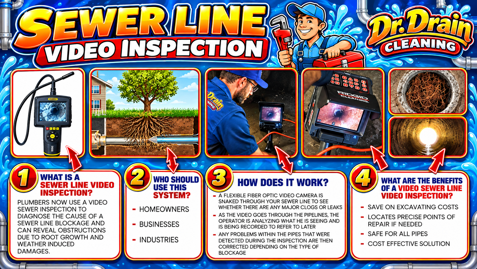 Dr. Drain Cleaning sewer line video inspection infographic explaining benefits and process
